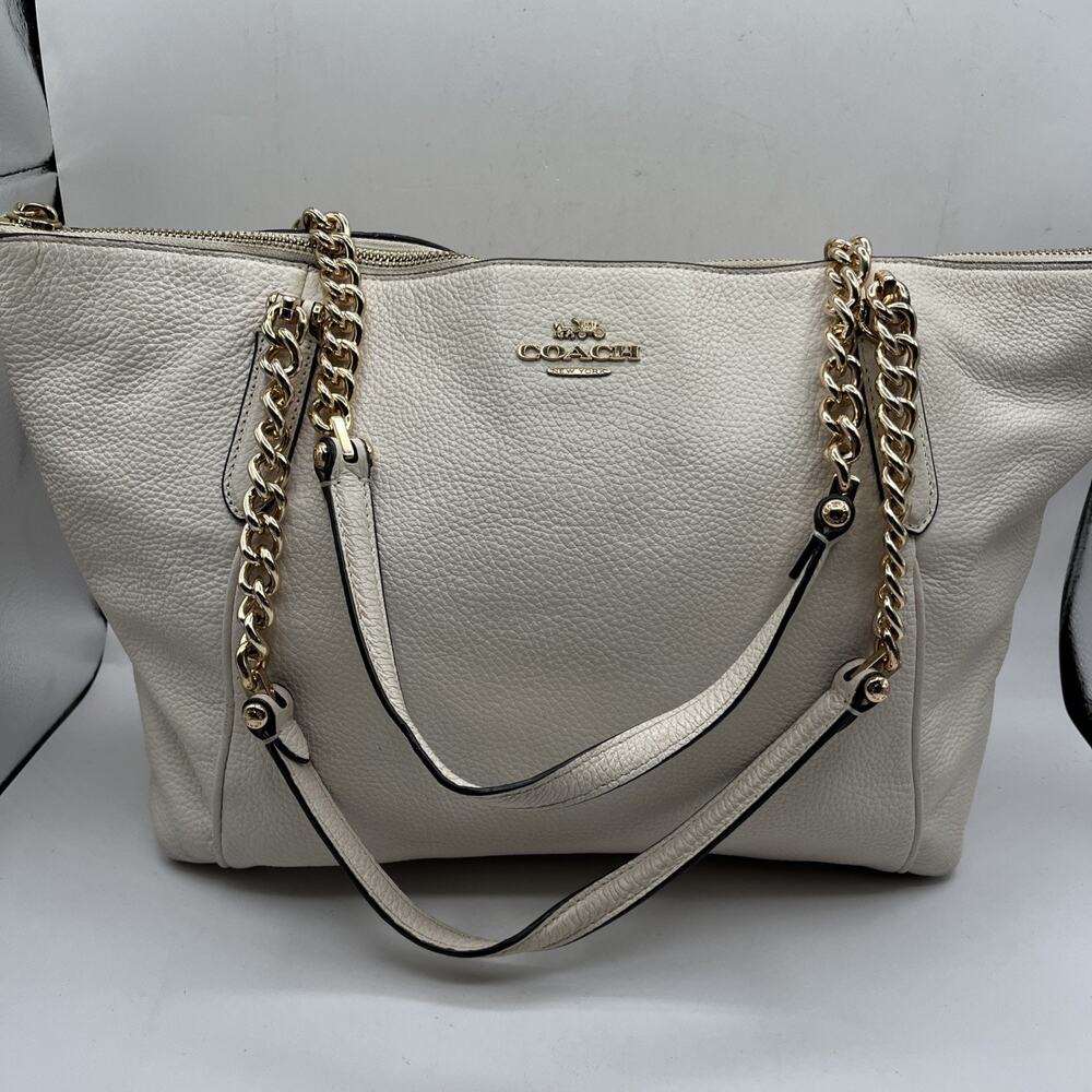 Coach F87775 Ava Chained Strap Tote Shoulder Bag Chalk White Pebbled Leather